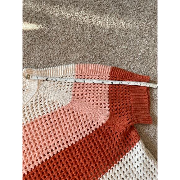 VICI Womens Large Sweater Open Knit Short Sleeve Style #WT709S Pink White Stripe - Picture 5 of 8